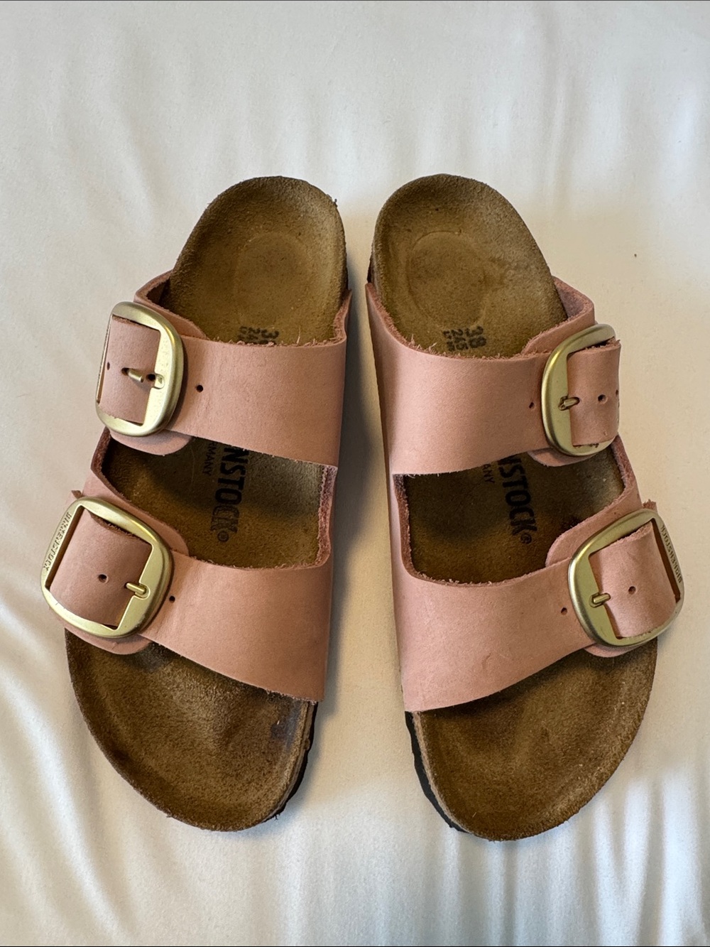 Birkenstock Blush Pink Two-Strap Sandals with Gold Buckles